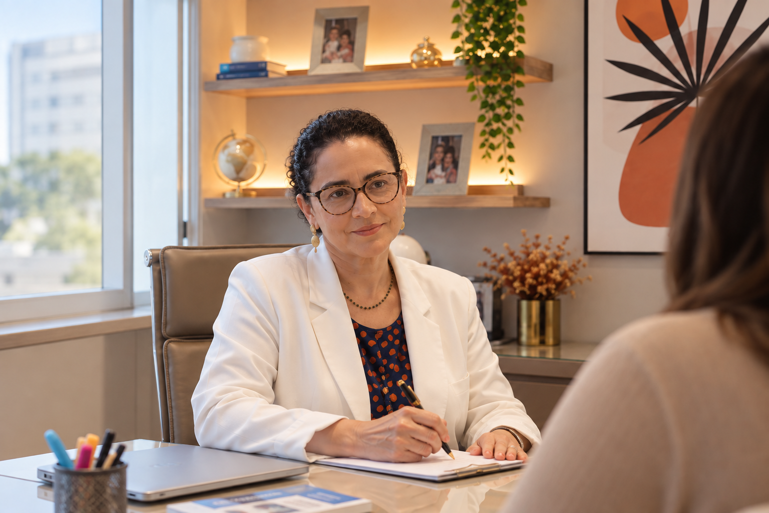 Dra. Fabiana Olivetti em consulta, conversando com uma paciente