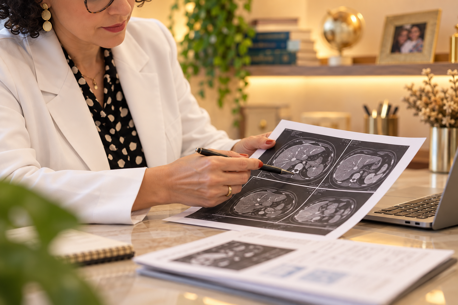 Médica analisando exames de imagem do fígado