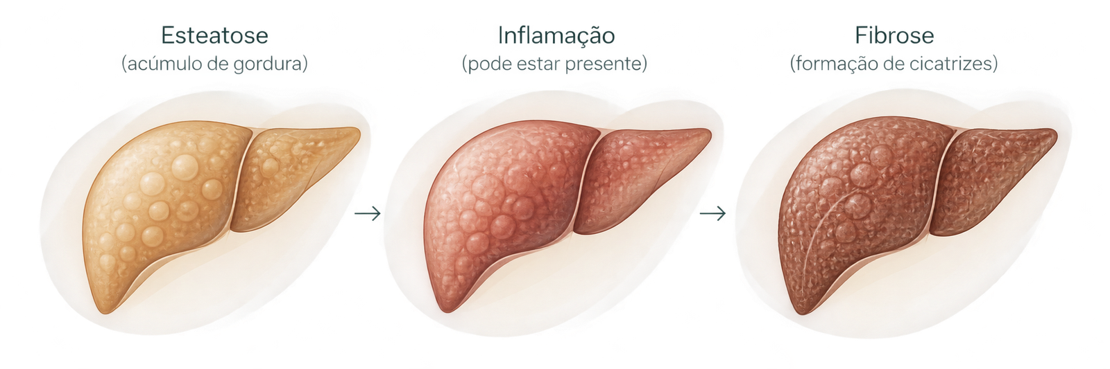 Esteatose, com acúmulo de gordura; inflamação, que pode estar presente; e fibrose, com formação de cicatrizes.